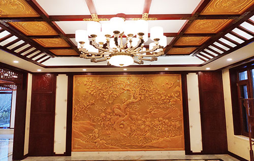 灵寿中式别墅客厅中式木作横梁吊顶装饰展示