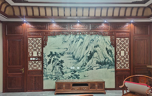 灵寿中式仿古别墅客厅背景墙花格木作装饰